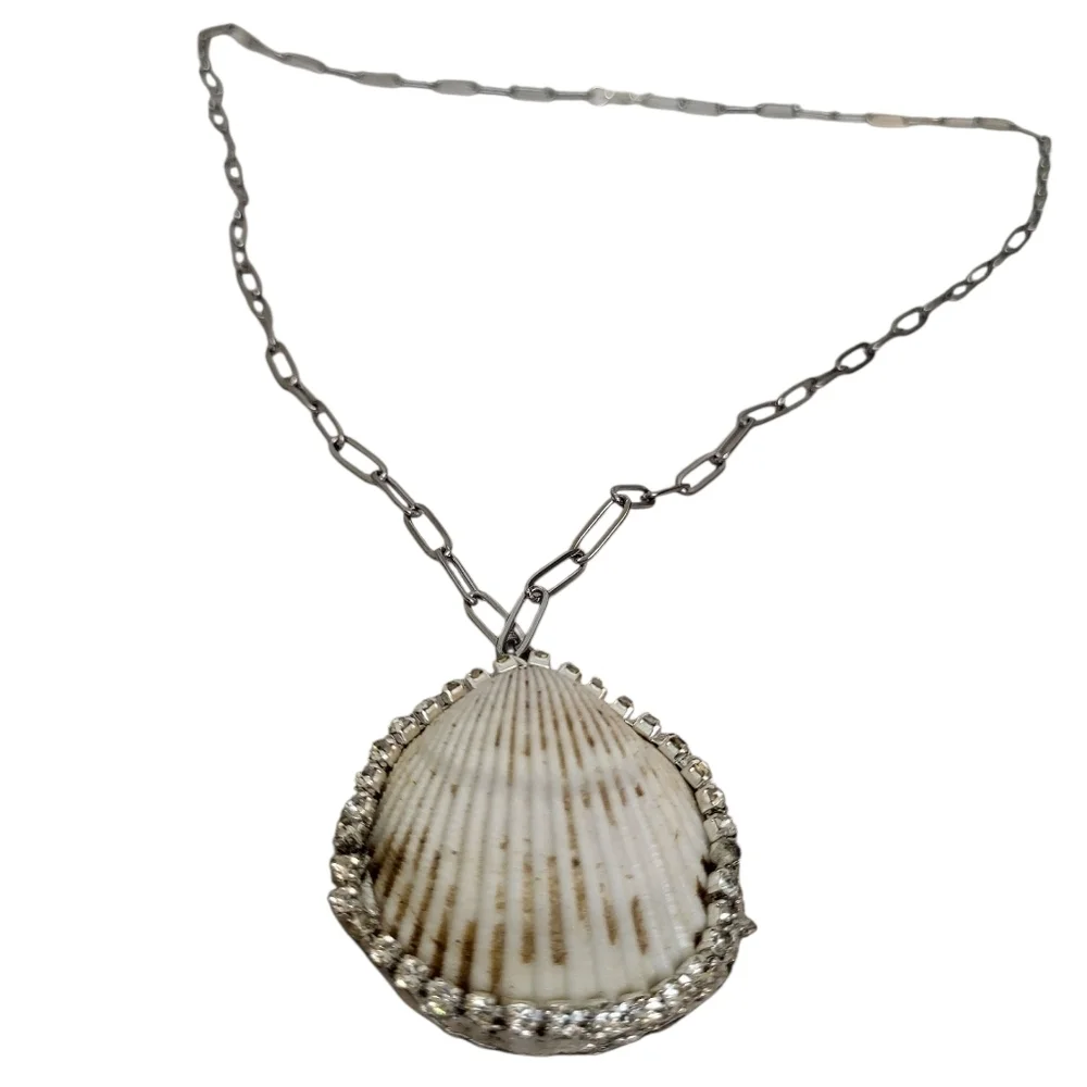 Shell Sea Shell Clear Rhinestones Stainless Steel Paperclip Chain Necklace